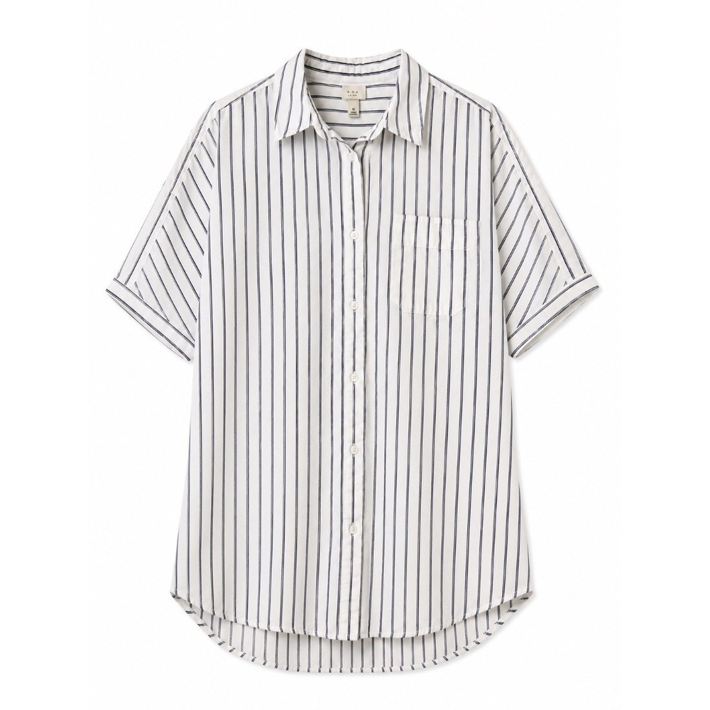 A New Day Womens White Black Stripe Short Sleeve Button Down Shirt Tunic M